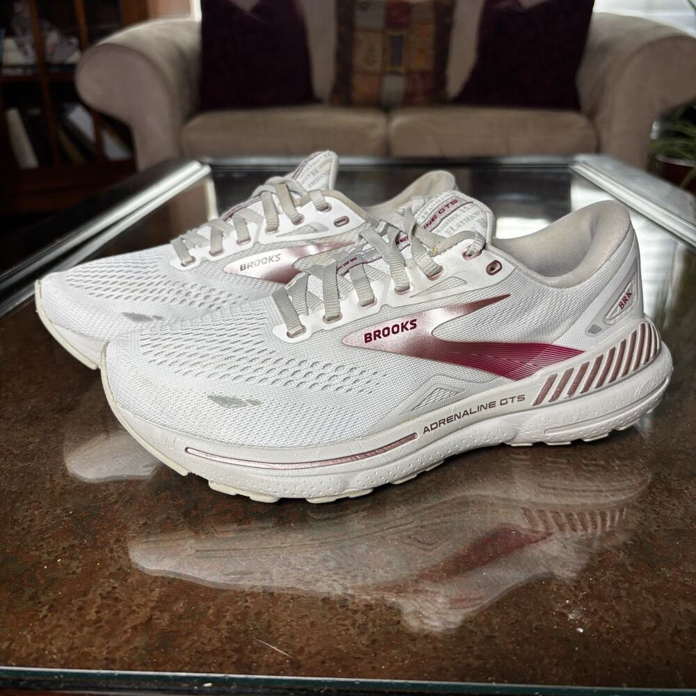 Brooks Adrenaline GTS 23 Shoes Womens 8 White Pink Road Running Athletic Sneaker
